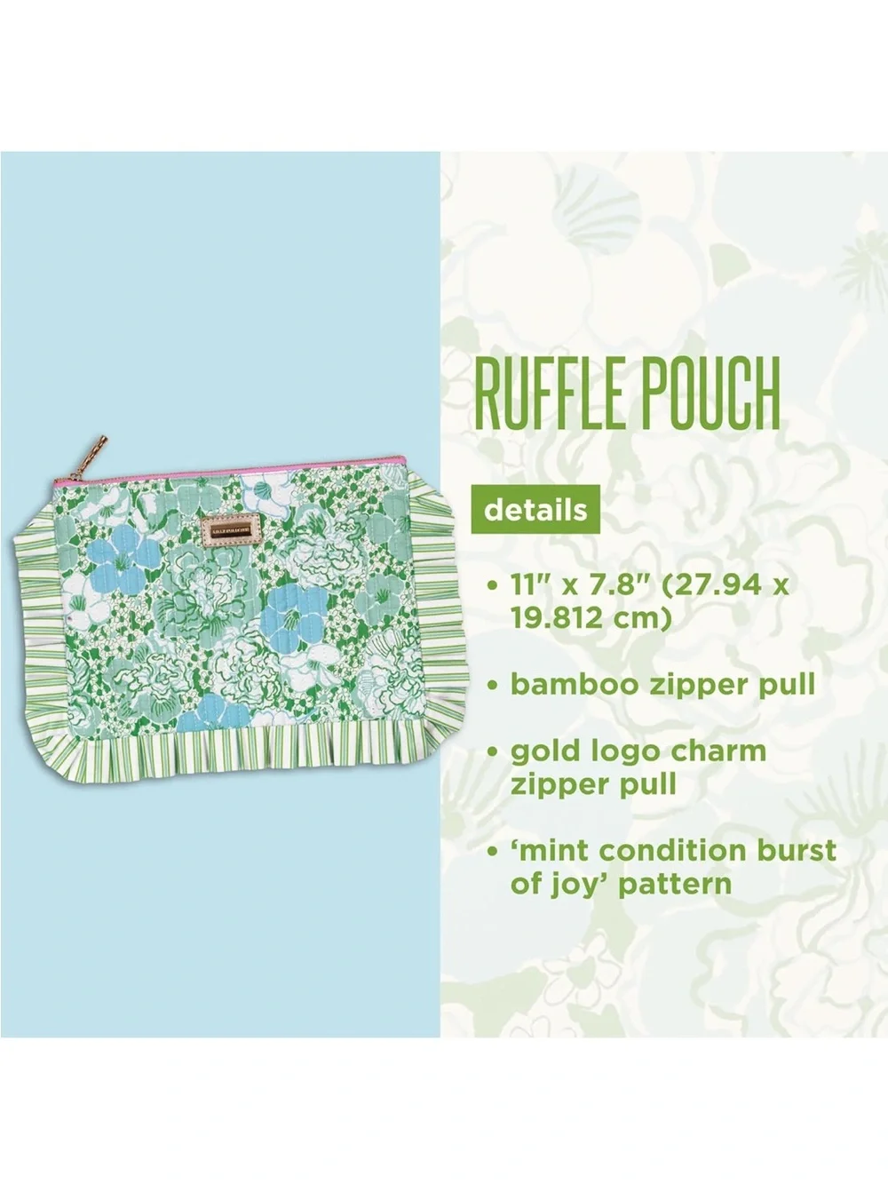 New Lilly Pulitzer Green Floral Ruffle Wristlet Pouch, Cosmetic Bag Pink Tassel